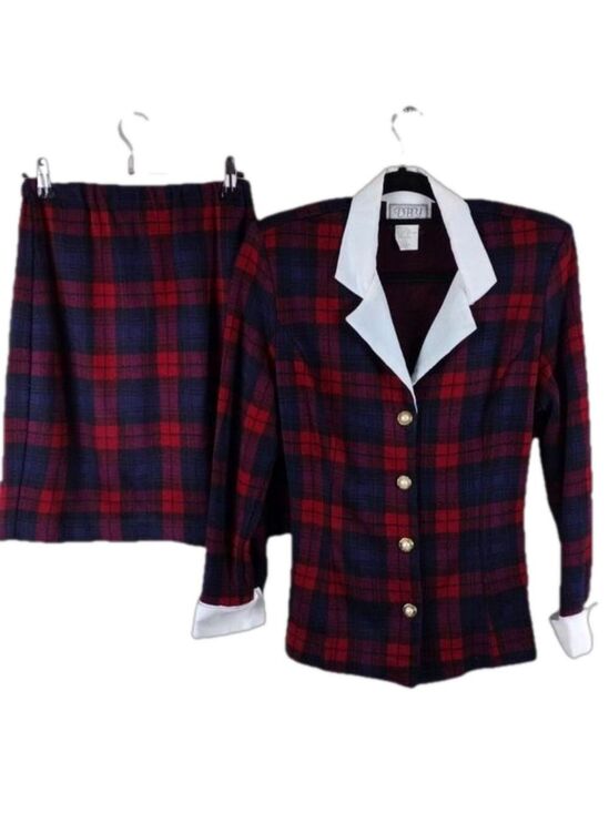D.B.Y Dresses & Skirts - D.B.Y. Red Blue Tartan One Notched Button Long Sleeve Elastic Pull On Skirt Set